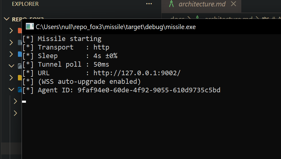 Missile startup — missile.exe terminal showing Transport, Sleep, WSS auto-upgrade enabled, Agent ID