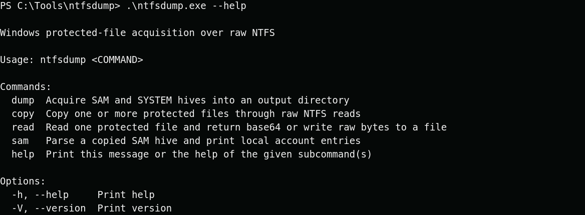 ntfsdump help shown in a Windows cmd.exe session