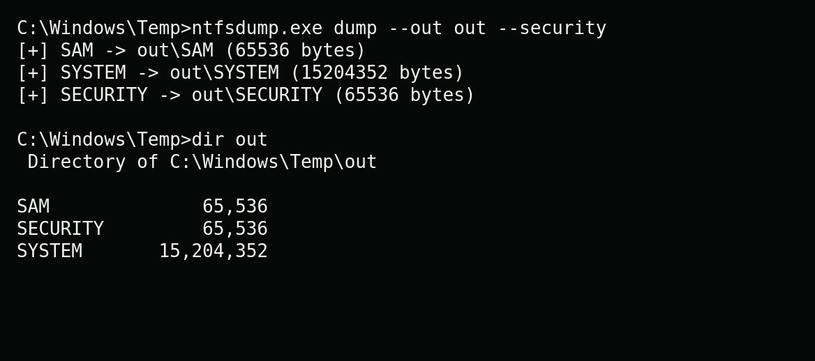 ntfsdump example copying SAM SYSTEM and SECURITY files