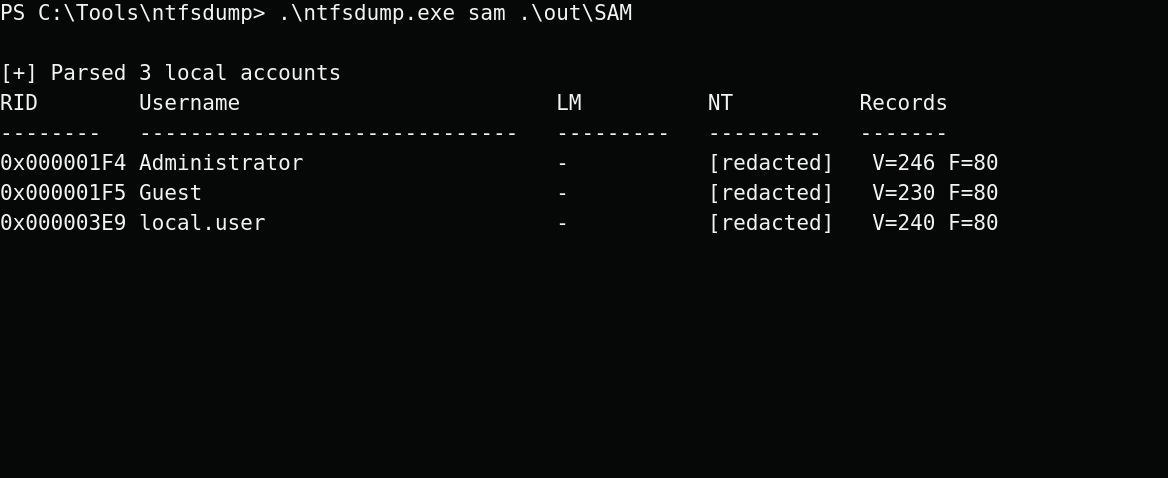 ntfsdump SAM parser output with sensitive fields redacted