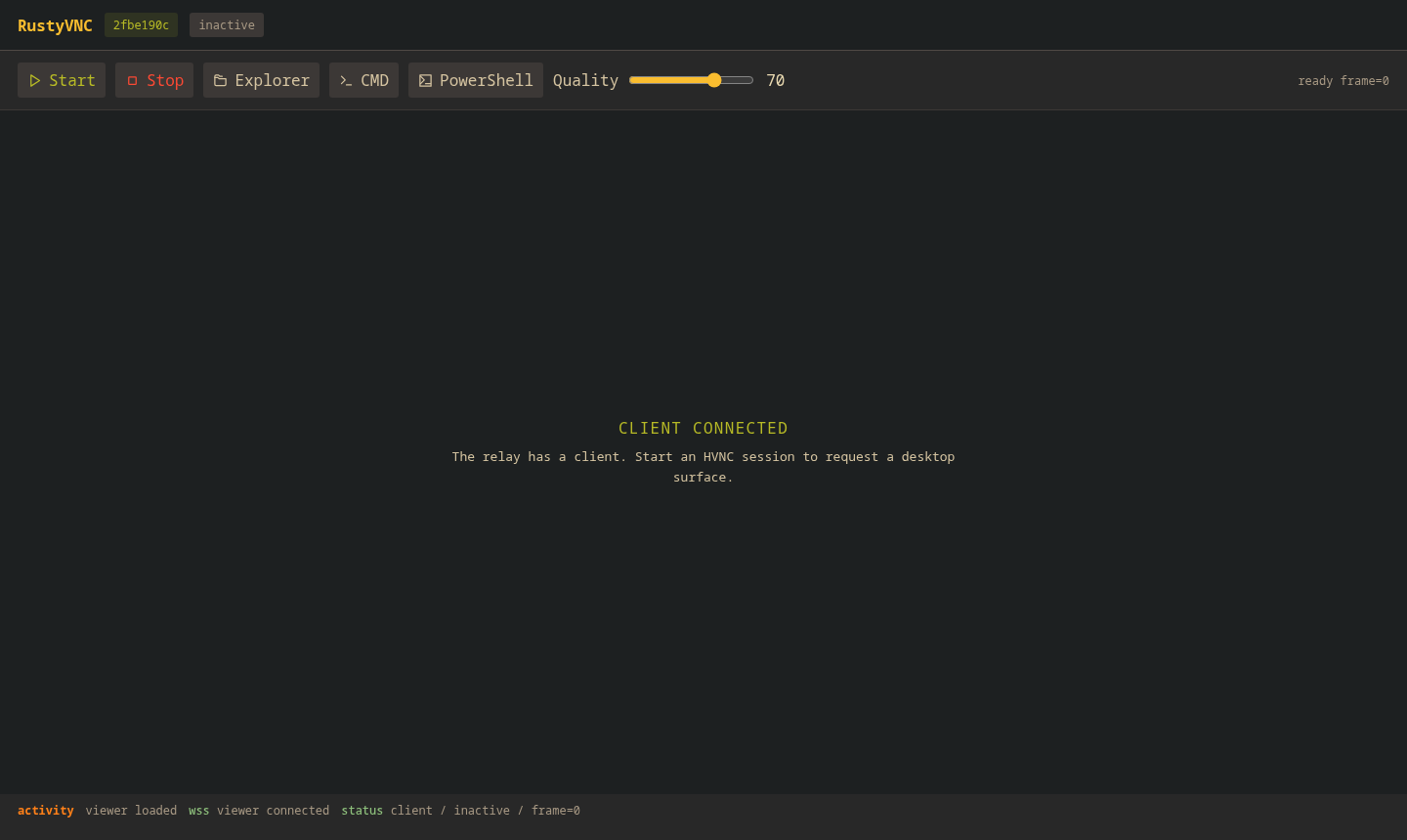 RustyVNC viewer after a Windows client checks in but before HVNC starts