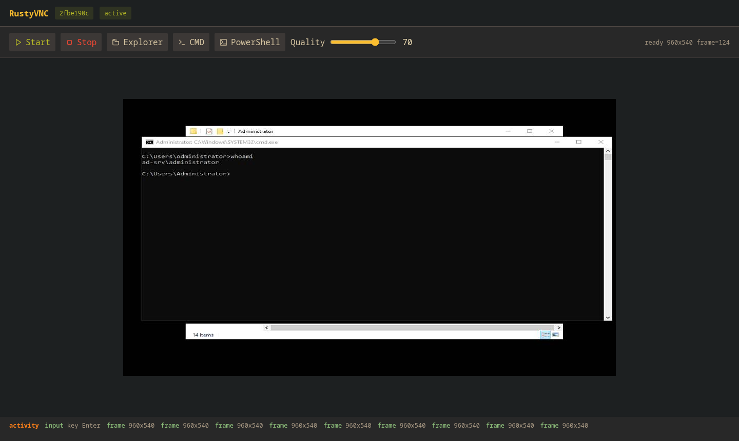 RustyVNC browser viewer controlling CMD inside the hidden desktop