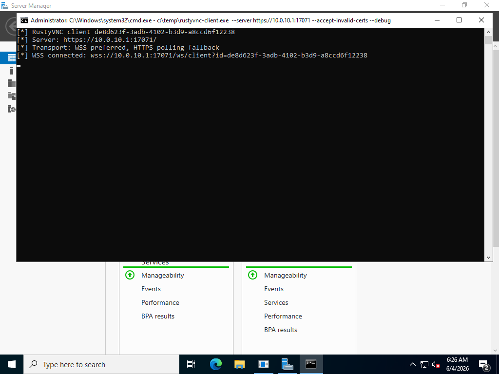 RustyVNC Windows client showing a successful WSS transport upgrade