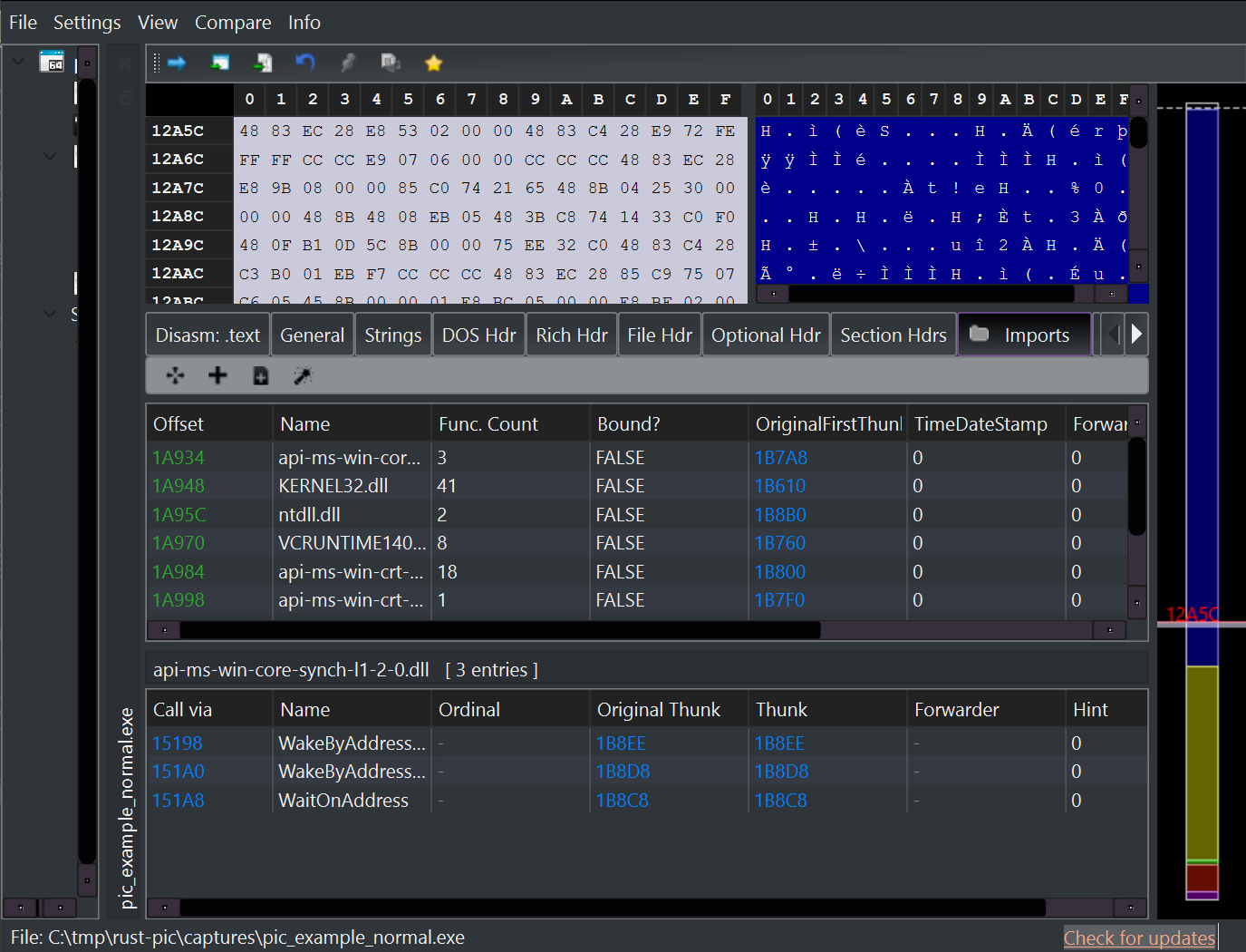 Normal Rust binary imports in PE-bear showing DLL descriptors and imported functions