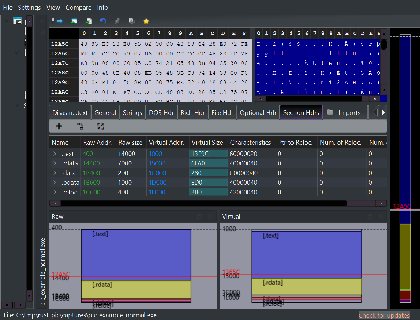 Normal Rust binary in PE-bear showing .text, .rdata, .data, .pdata, and .reloc sections