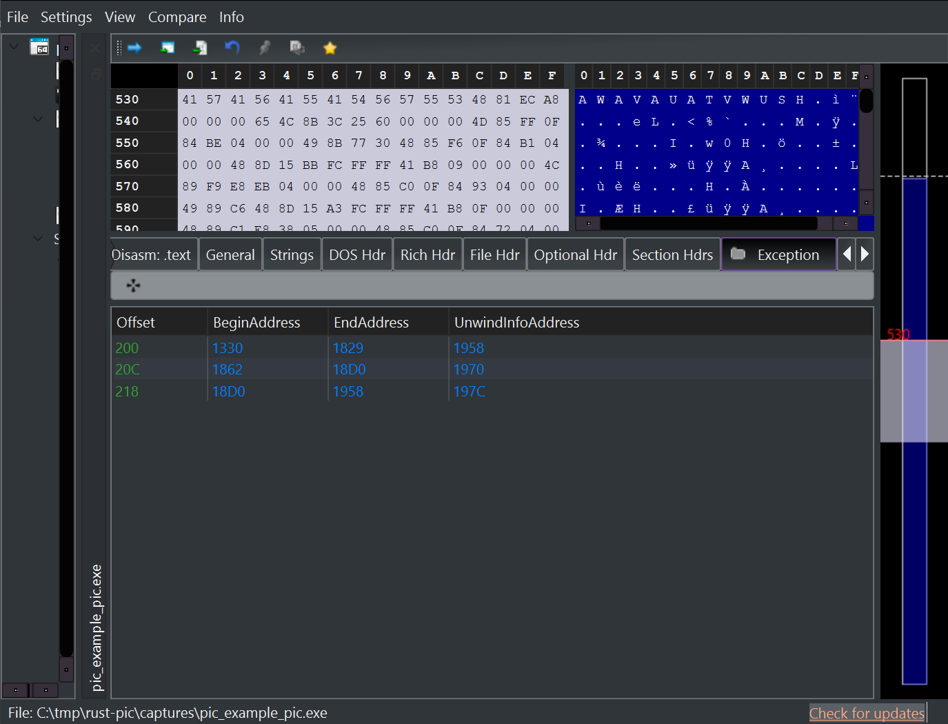 PIC build in PE-bear showing exception metadata but no Imports tab