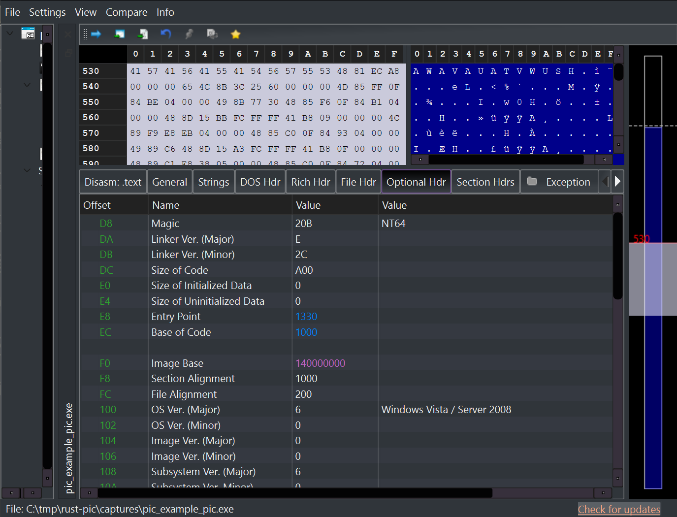Position-independent build Optional Header in PE-bear showing image base and entry point
