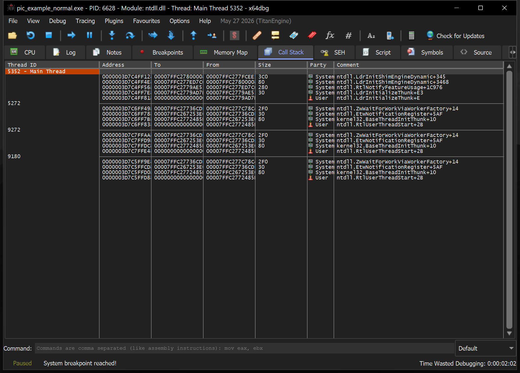 x64dbg GUI debugger showing the Call Stack tab for the test binary